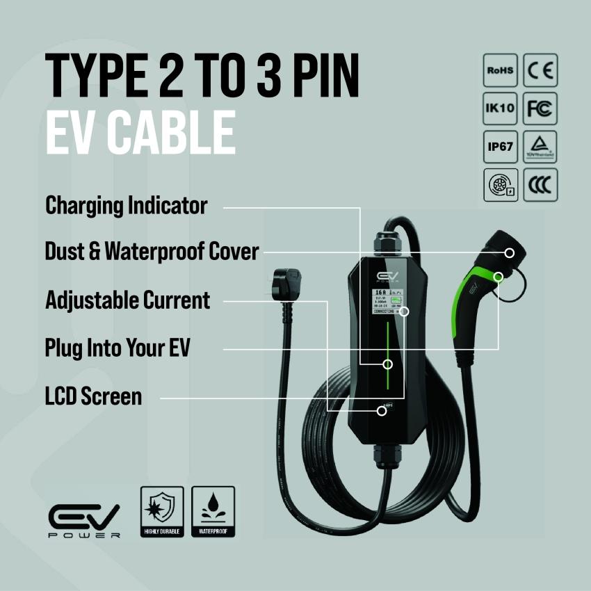  3 Pin to Type 2 - 10M - Range Rover Evoque Charging Cable